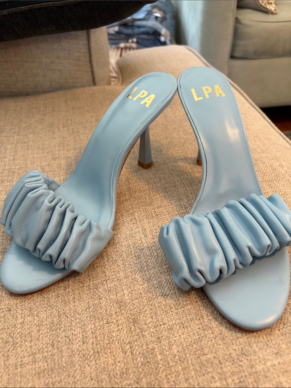 LPA Light Blue Ruched High-Heel Slide Sandals